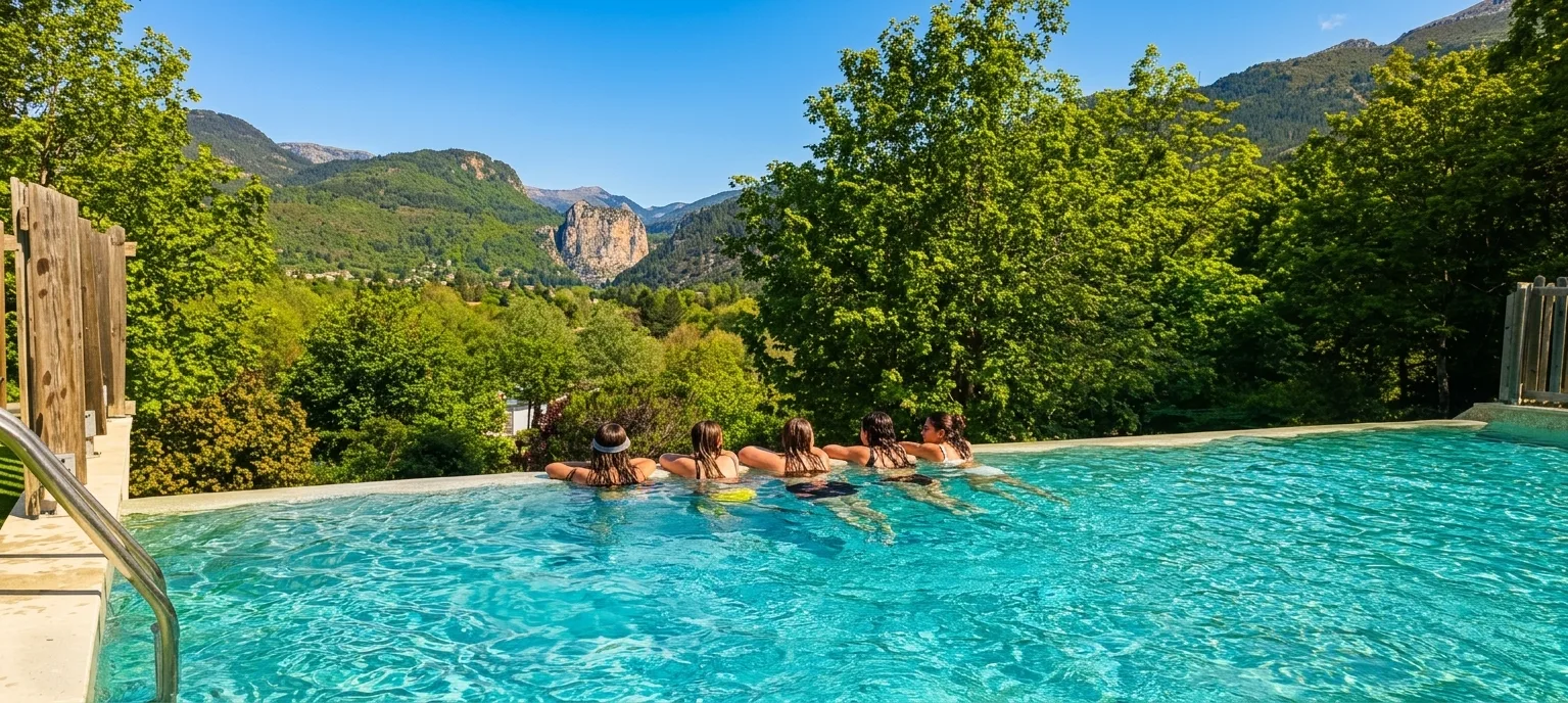 Baigneurs au bord de la piscine à débordement du camping, face aux montagnes de Castellane